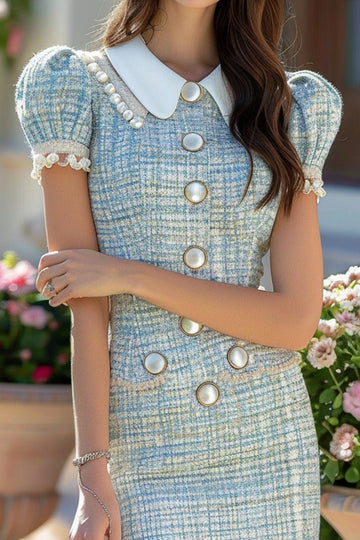Blue Tweed Short Tea Party Dress with Puff Sleeves